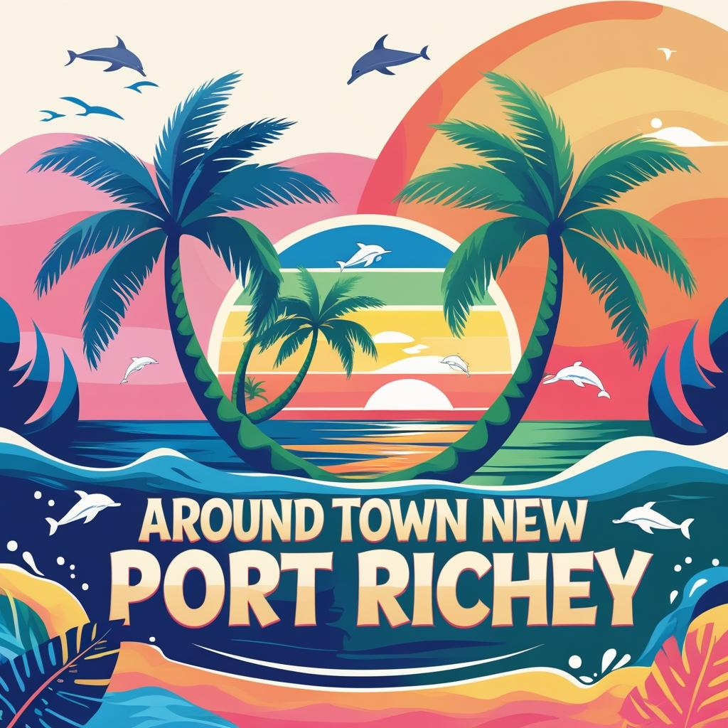 Around Town New Port Richey illustrated badge with palm trees, dolphins, and sunset