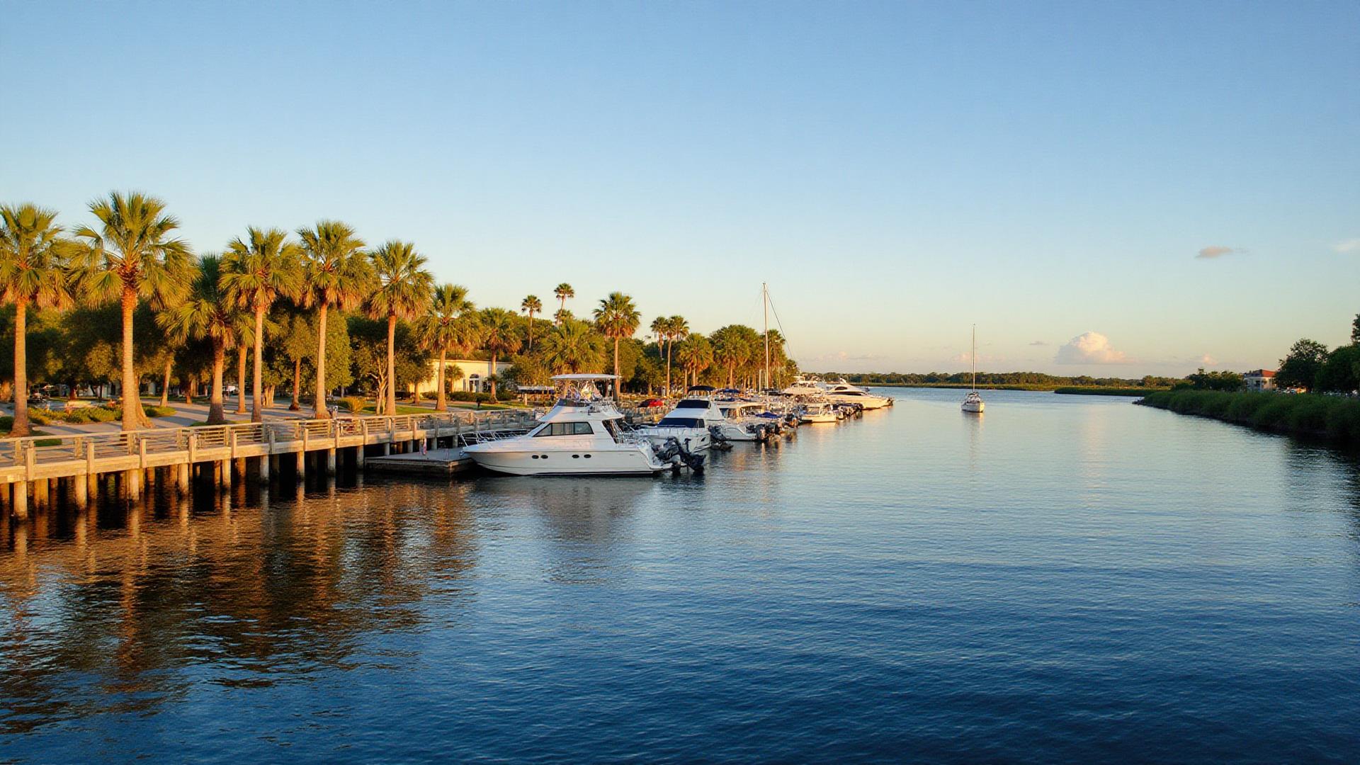 Aerial view of the Pithlachascotee River and palm-lined boardwalk in New Port Richey at sunset